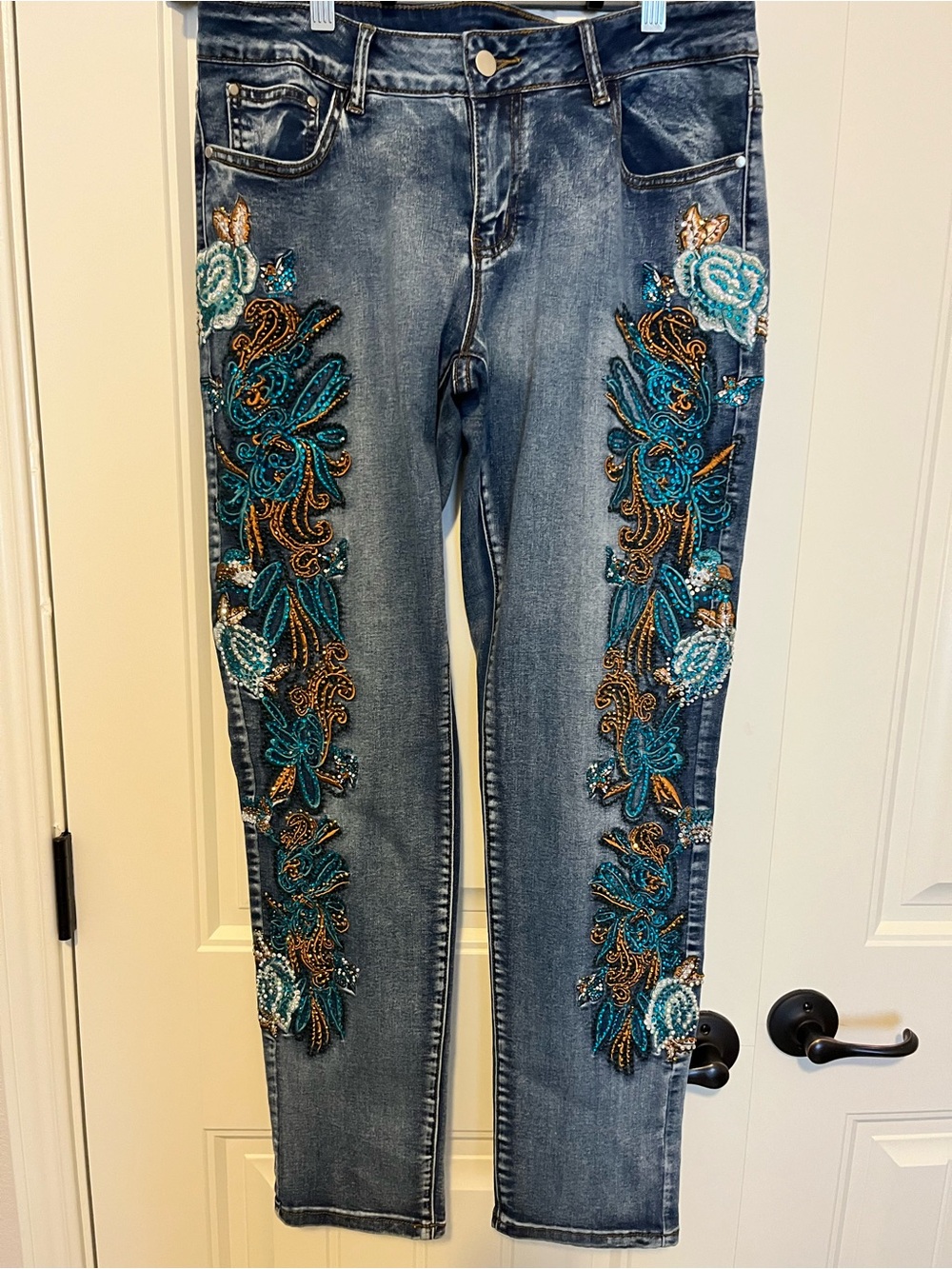Women's Embroidered Teal Floral Slim Jeans